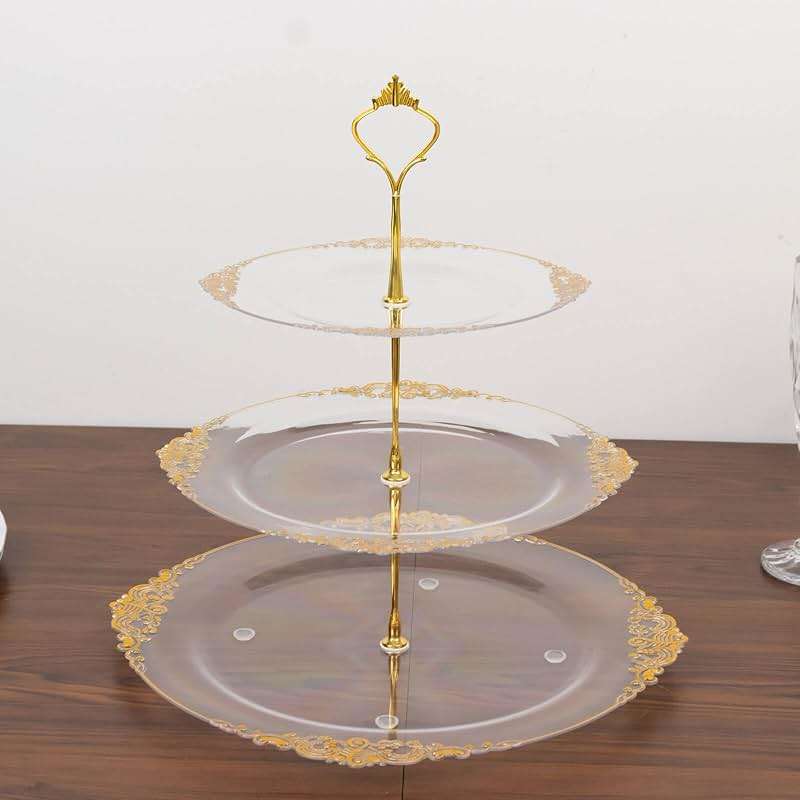 Efavormart 13 Inch 3-Tier Clear & Gold Cupcake Stand, Round Plastic Dessert Display Holder, Tiered Pastry Serving Tray for Parties & Champagne Brunches - Image 3