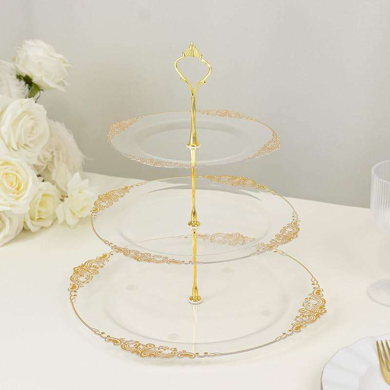 Efavormart 13 Inch 3-Tier Clear & Gold Cupcake Stand, Round Plastic Dessert Display Holder, Tiered Pastry Serving Tray for Parties & Champagne Brunches - Image 4