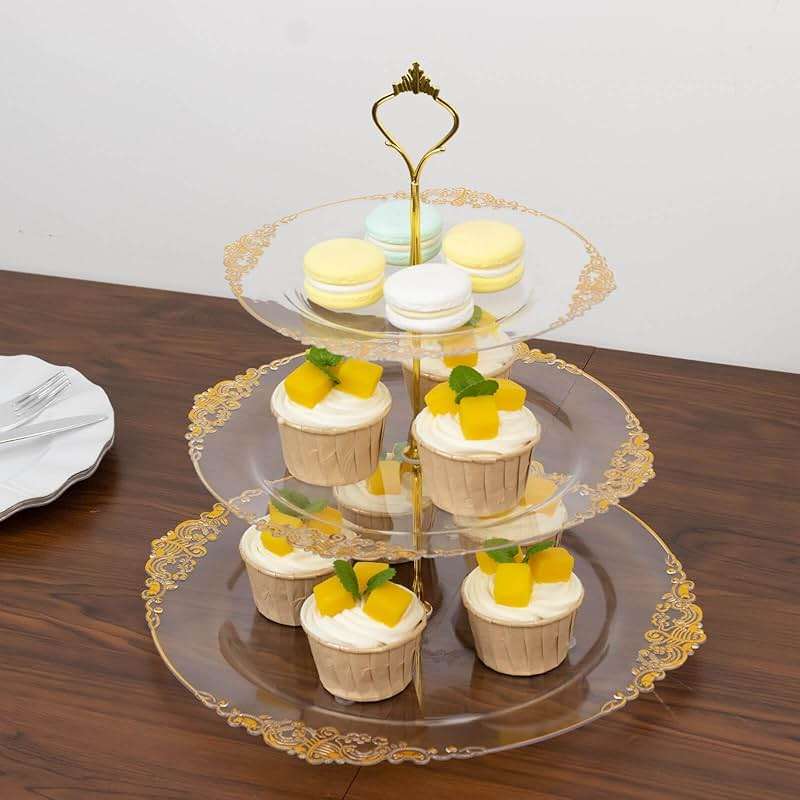 Efavormart 13 Inch 3-Tier Clear & Gold Cupcake Stand, Round Plastic Dessert Display Holder, Tiered Pastry Serving Tray for Parties & Champagne Brunches - Image 6