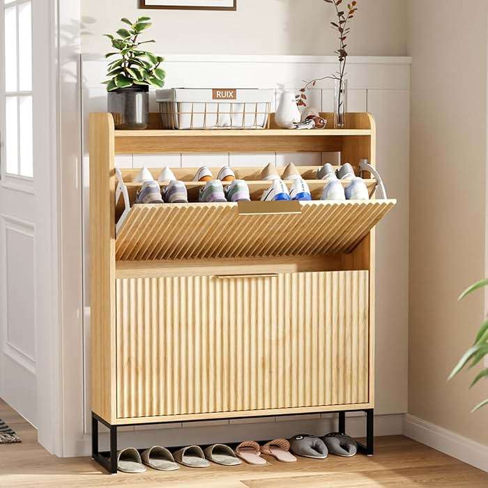 VINGLI Fluted Shoe Cabinet Storage for Entryway,Hidden Shoes Storage Cabinet with 2 Flip Drawers, Mid Century Modern Shoe Rack Organizer,Free Standing Shoes Organizer for Hallway(Natural Oak) - Image 1