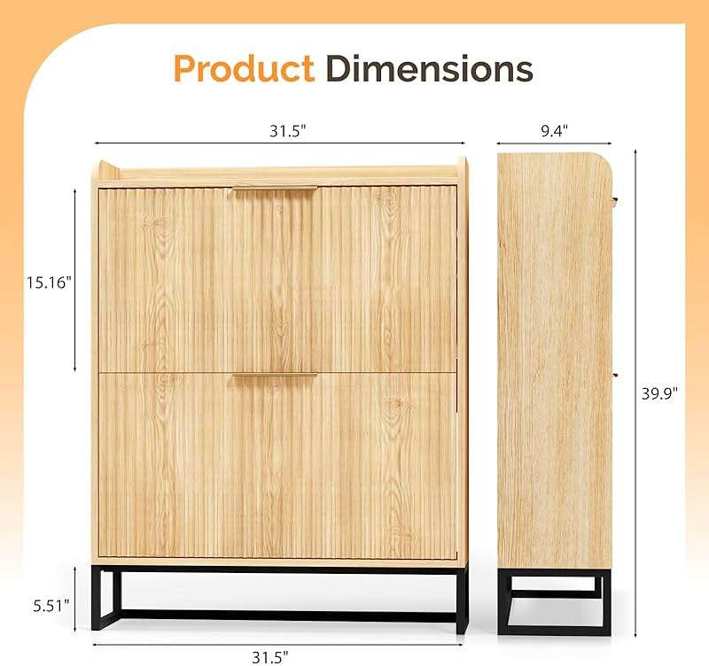 VINGLI Fluted Shoe Cabinet Storage for Entryway,Hidden Shoes Storage Cabinet with 2 Flip Drawers, Mid Century Modern Shoe Rack Organizer,Free Standing Shoes Organizer for Hallway(Natural Oak) - Image 2