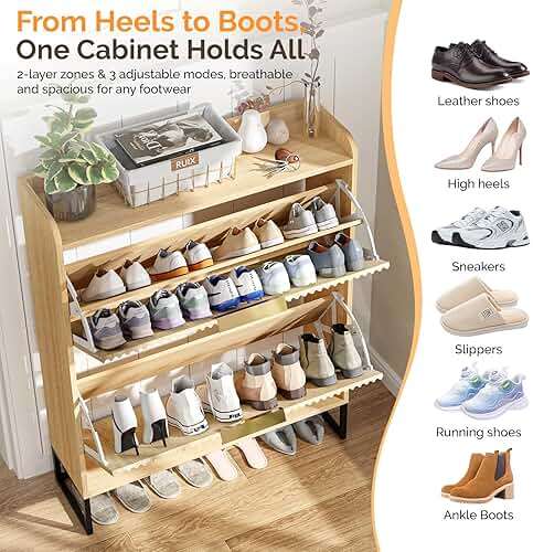 VINGLI Fluted Shoe Cabinet Storage for Entryway,Hidden Shoes Storage Cabinet with 2 Flip Drawers, Mid Century Modern Shoe Rack Organizer,Free Standing Shoes Organizer for Hallway(Natural Oak) - Image 4