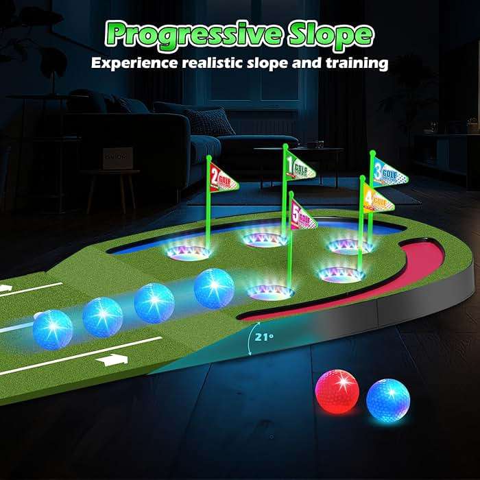 TERRAMUS Upgraded Golf Putting Mat for Kids, Putting Green with LED Light up Holes, Glowing Balls, 2 Clubs, Toy Golf Set, Golfing Mats Indoor Outdoor, Sport Game Golf Gift for for Kids Teens Family - Image 3