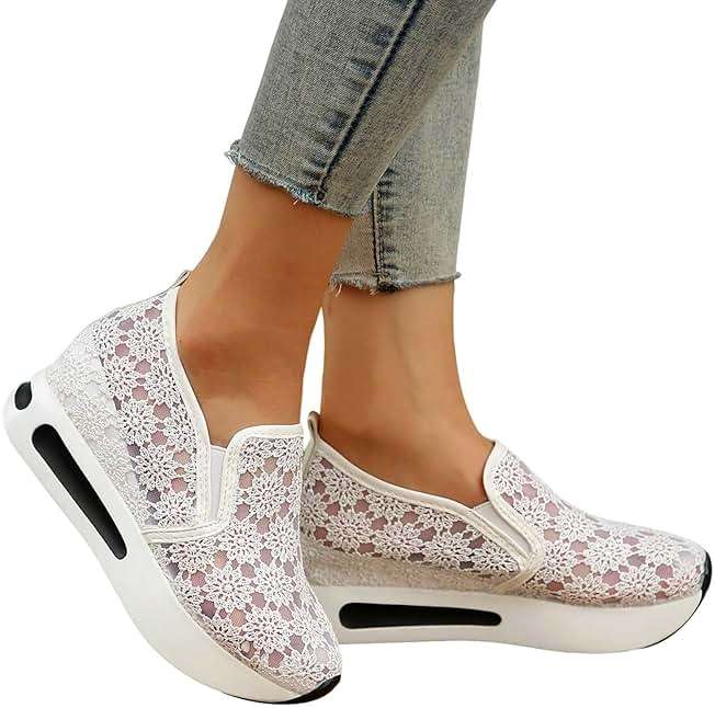 Floral Embroidery Breathable Sheer Mesh Sneakers for Women 2025 Spring Glitter Mesh Casual Sneakers Platform Wedge Floral Shoes Slip On Dressy Tennis Shoes for Outdoor Walking - Image 2