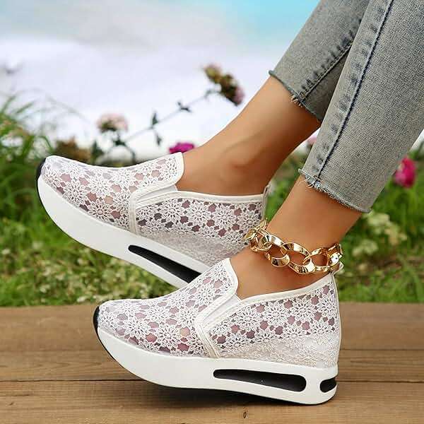 Floral Embroidery Breathable Sheer Mesh Sneakers for Women 2025 Spring Glitter Mesh Casual Sneakers Platform Wedge Floral Shoes Slip On Dressy Tennis Shoes for Outdoor Walking - Image 3