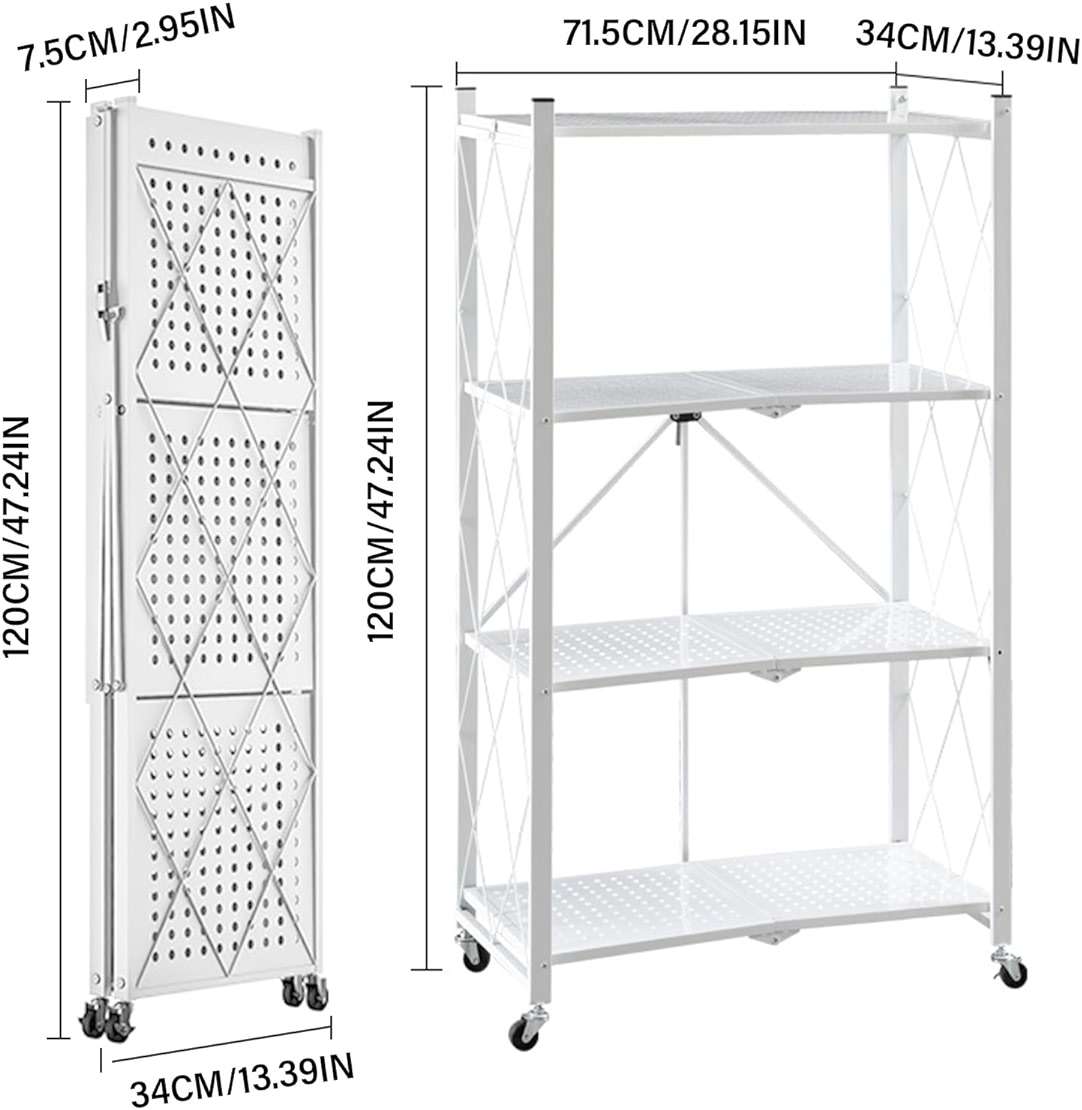 Foldable Storage Shelves with Wheels, Folding Shelving Units Storage, Heavy Duty Metal Collapsible Shelf No Assembly, Large Capacity Pop-Up Organizer for Garage,Kitchen,Living Room, 4-Tier White - Image 2