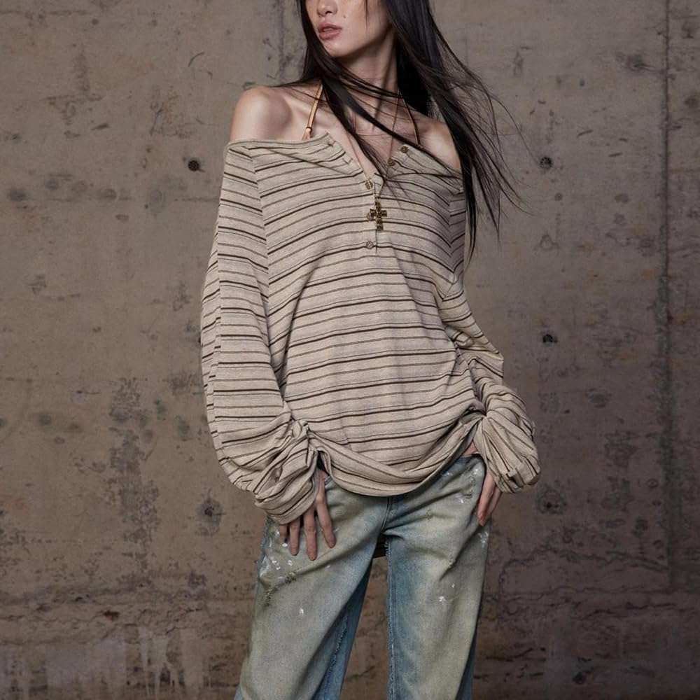 Women's Y2K Off Shoulder Striped T Shirt Emo Harajuku Oversized Grunge Shirt Long Sleeve Vintage Streetwear Clothes - Image 2