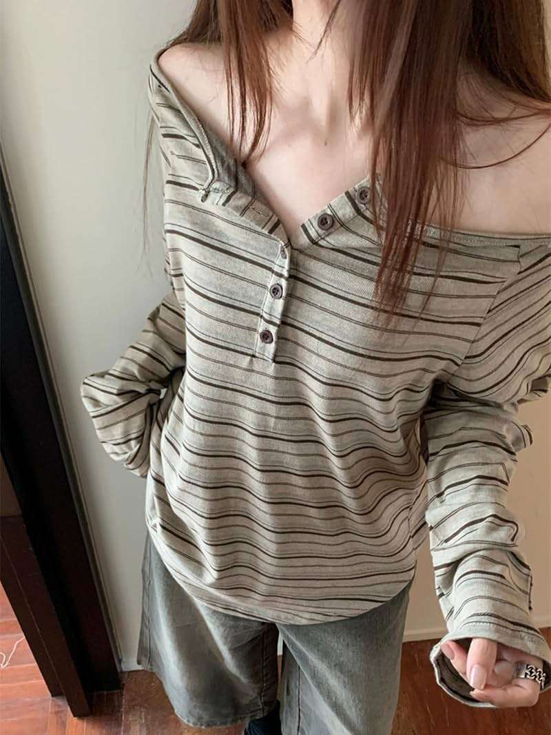 Women's Y2K Off Shoulder Striped T Shirt Emo Harajuku Oversized Grunge Shirt Long Sleeve Vintage Streetwear Clothes - Image 3