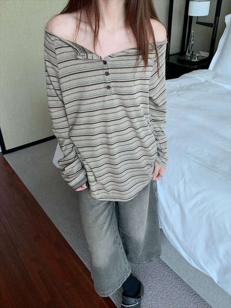 Women's Y2K Off Shoulder Striped T Shirt Emo Harajuku Oversized Grunge Shirt Long Sleeve Vintage Streetwear Clothes - Image 4