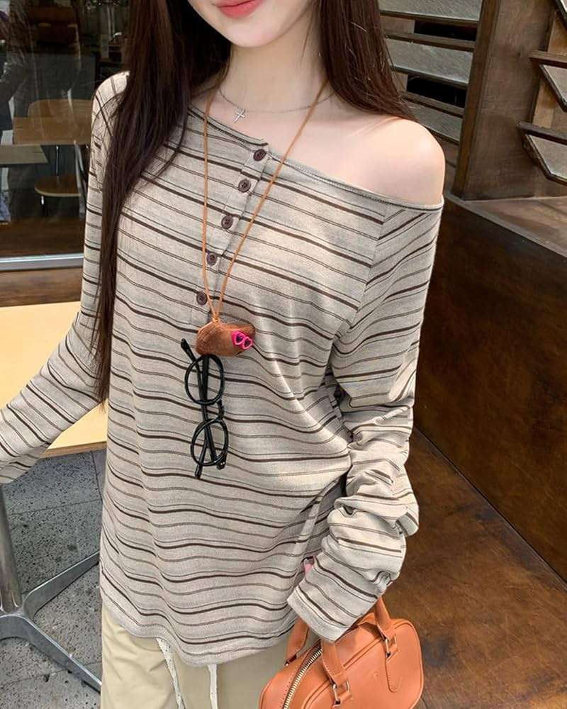Women's Y2K Off Shoulder Striped T Shirt Emo Harajuku Oversized Grunge Shirt Long Sleeve Vintage Streetwear Clothes - Image 5