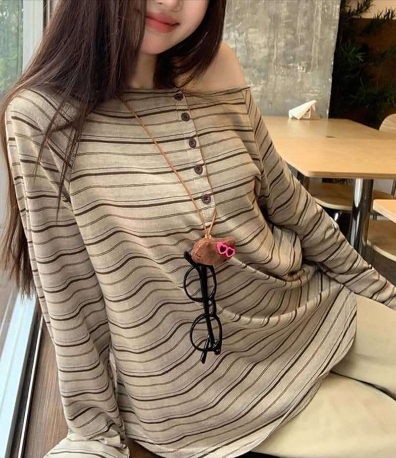 Women's Y2K Off Shoulder Striped T Shirt Emo Harajuku Oversized Grunge Shirt Long Sleeve Vintage Streetwear Clothes - Image 6
