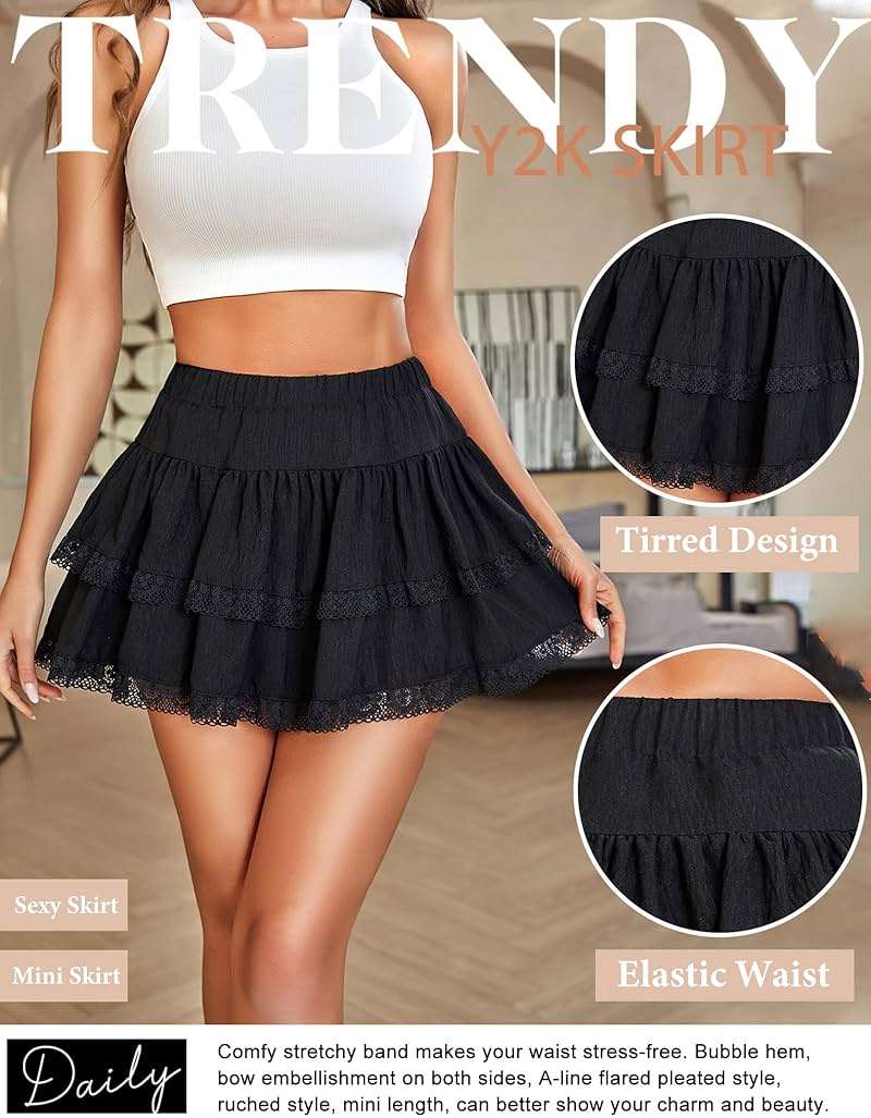 Avidlove Women's Mini Skirt Basic High Waisted Tiered Ruffles Short Lace Hem Cute Lingerie Skirts S-XXL - Image 3