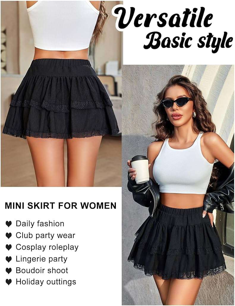 Avidlove Women's Mini Skirt Basic High Waisted Tiered Ruffles Short Lace Hem Cute Lingerie Skirts S-XXL - Image 4