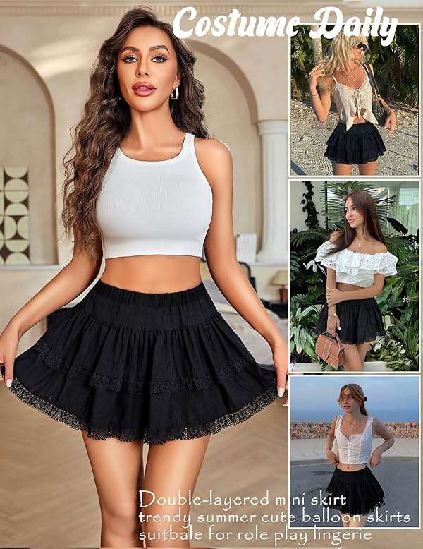 Avidlove Women's Mini Skirt Basic High Waisted Tiered Ruffles Short Lace Hem Cute Lingerie Skirts S-XXL - Image 5