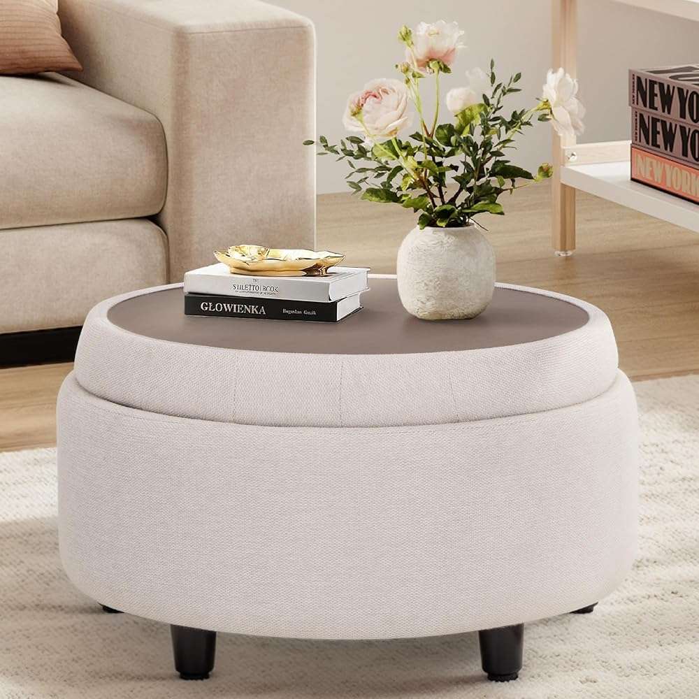 COLAMY Fabric Round Storage Ottoman with Reversible Tray Lid – Multi-Functional Footrest, Hidden Storage, Sturdy & Stylish Small Coffee Table for Living Room, Bedroom, or Entryway(Beige) - Image 1