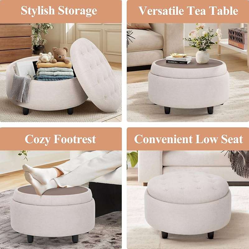 COLAMY Fabric Round Storage Ottoman with Reversible Tray Lid – Multi-Functional Footrest, Hidden Storage, Sturdy & Stylish Small Coffee Table for Living Room, Bedroom, or Entryway(Beige) - Image 3