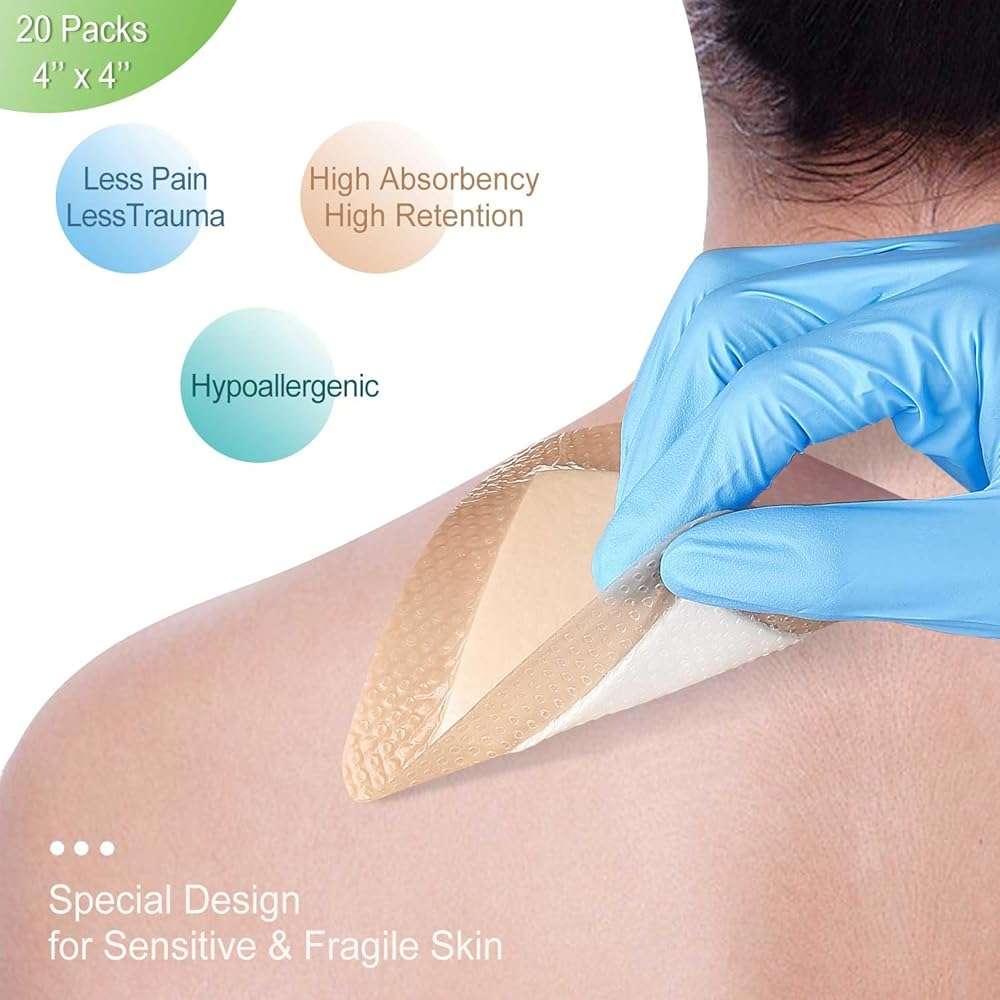 NeuHeils Silicone Super Absorbent Wound Dressing 4''x4'' 20 Packs, Self-Adhesive Waterproof Bandage with Ultrasorb Pad for Heavy Exudates Wound, Soft Gauze Island Dressing - Image 3