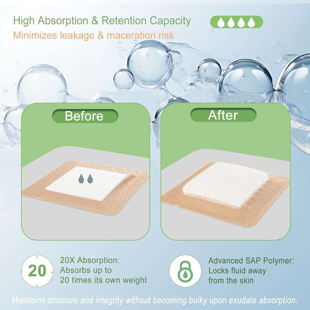 NeuHeils Silicone Super Absorbent Wound Dressing 4''x4'' 20 Packs, Self-Adhesive Waterproof Bandage with Ultrasorb Pad for Heavy Exudates Wound, Soft Gauze Island Dressing - Image 7