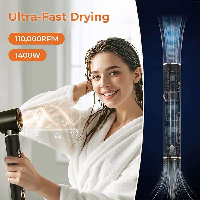 OUDIM 6-in-1 Multi-Functional Hot Air Comb, Interchangeable Brush Head, Negative Ion Hair Dryer Brush and Styler, Brushless Motor with 110000 RPM High-Speed, Rapid Drying, Storage Bag. - Image 4