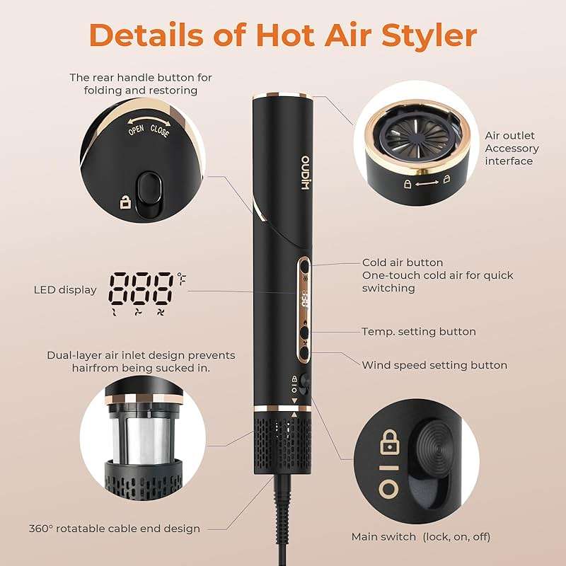 OUDIM 6-in-1 Multi-Functional Hot Air Comb, Interchangeable Brush Head, Negative Ion Hair Dryer Brush and Styler, Brushless Motor with 110000 RPM High-Speed, Rapid Drying, Storage Bag. - Image 8