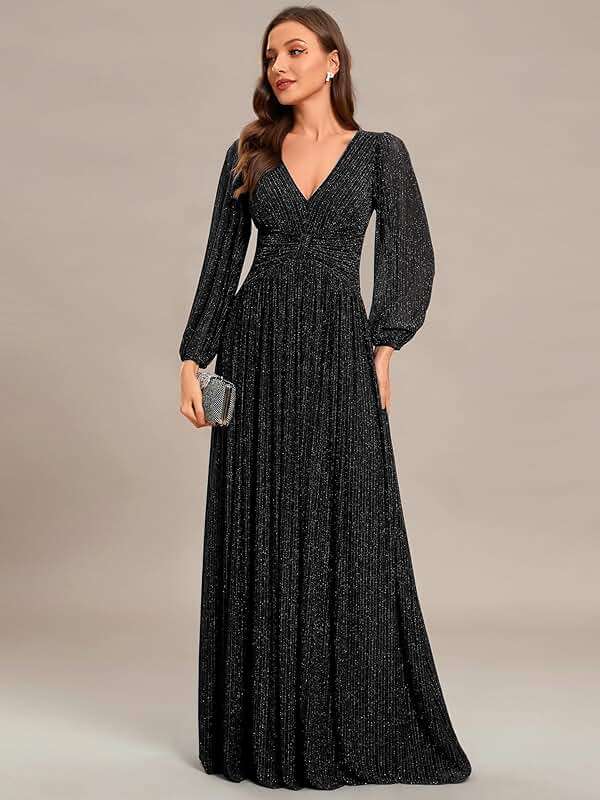 Ever-Pretty Women's A-Line Glitter Formal Dresses V-Neck Long Sleeves Floor Length Evening Gowns Mother of Bride Dress - Image 3