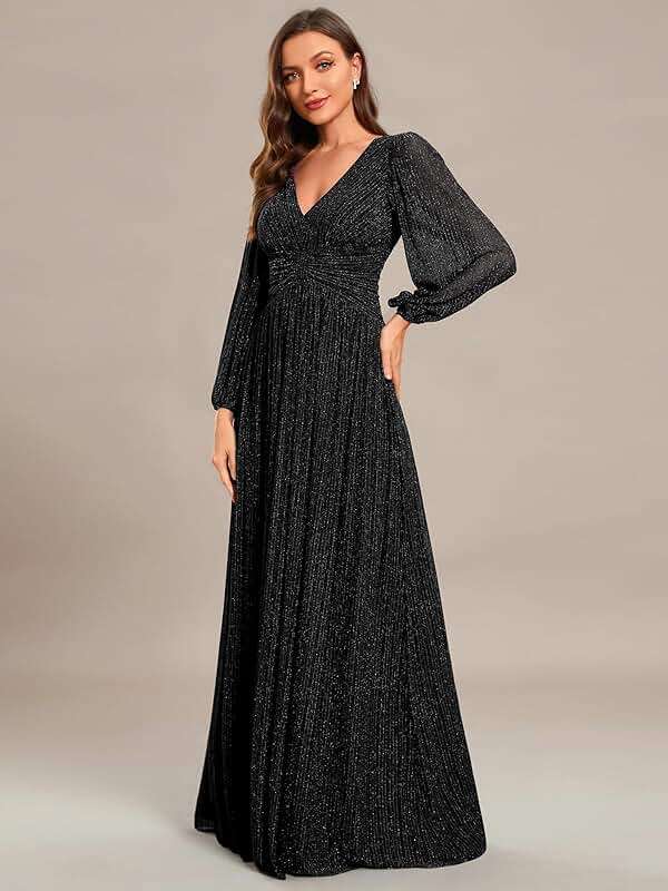 Ever-Pretty Women's A-Line Glitter Formal Dresses V-Neck Long Sleeves Floor Length Evening Gowns Mother of Bride Dress - Image 4