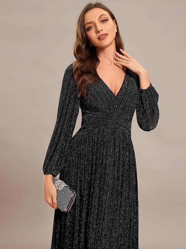 Ever-Pretty Women's A-Line Glitter Formal Dresses V-Neck Long Sleeves Floor Length Evening Gowns Mother of Bride Dress - Image 5