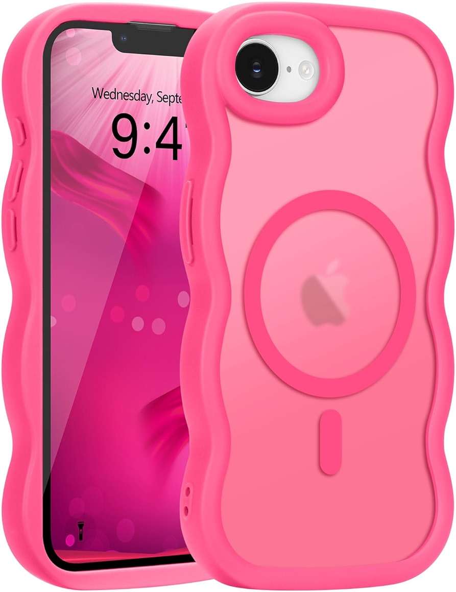 Pepmune for iPhone 17e/16e Case, Curly Wavy Frame Hard Translucent Matte Clear Back Cover for Women Men Compatible with Magsafe TPU Shockproof Drop Protection Phone Case for iPhone 16e/17e, Hot Pink - Image 1