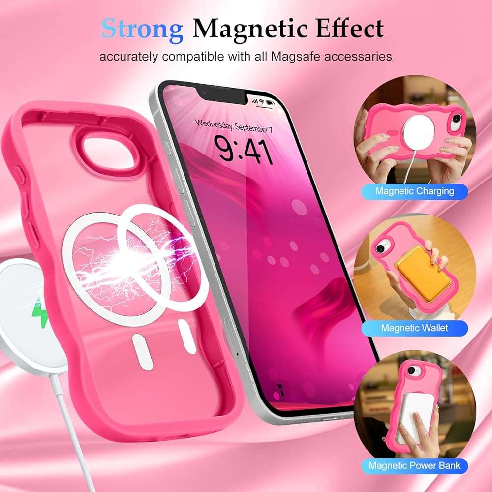 Pepmune for iPhone 17e/16e Case, Curly Wavy Frame Hard Translucent Matte Clear Back Cover for Women Men Compatible with Magsafe TPU Shockproof Drop Protection Phone Case for iPhone 16e/17e, Hot Pink - Image 3