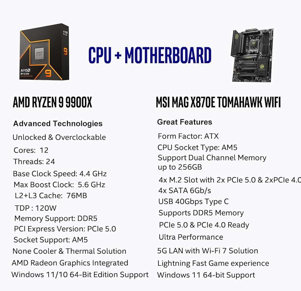 Micro Center AMD Ryzen 9 9900X CPU Processor with MSI MAG X870E Tomahawk WiFi ATX Motherboard (DDR5, PCIe 5.0 x16, M.2 Gen5, Wi-Fi 7, 5G LAN) - Image 2