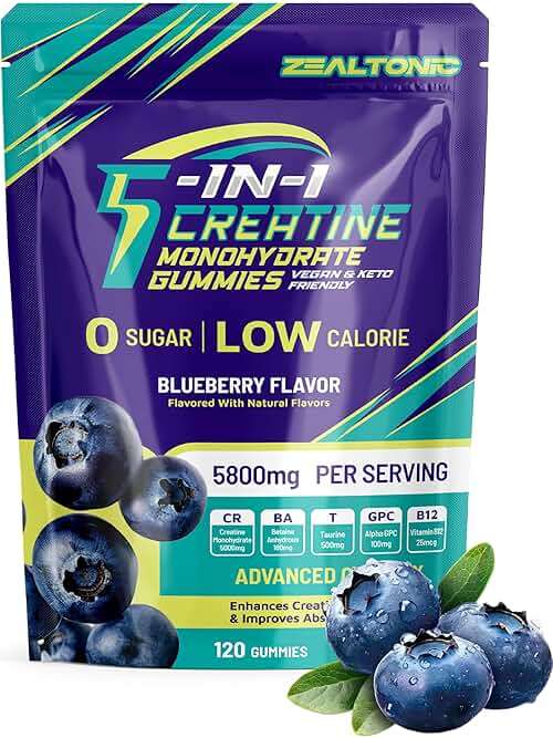 Zealtonic Creatine Monohydrate Gummies 5800mg with Betaine & Alpha GPC | 0 Sugar | Pre Workout Energy Booster for Men & Women | Muscle Growth & Boost Strength & Faster Recovery | (120, Blueberry) - Image 1