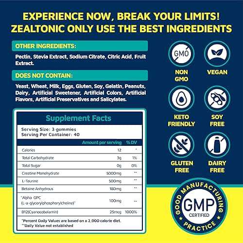 Zealtonic Creatine Monohydrate Gummies 5800mg with Betaine & Alpha GPC | 0 Sugar | Pre Workout Energy Booster for Men & Women | Muscle Growth & Boost Strength & Faster Recovery | (120, Blueberry) - Image 6