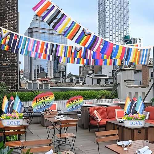 Lebei 2 Pack Progress Gay Pride Flags Banner Bunting Rainbow LGBTQ Intersex Garland String Decorations 40Feet 30Flags 5x8 Inch - Image 4