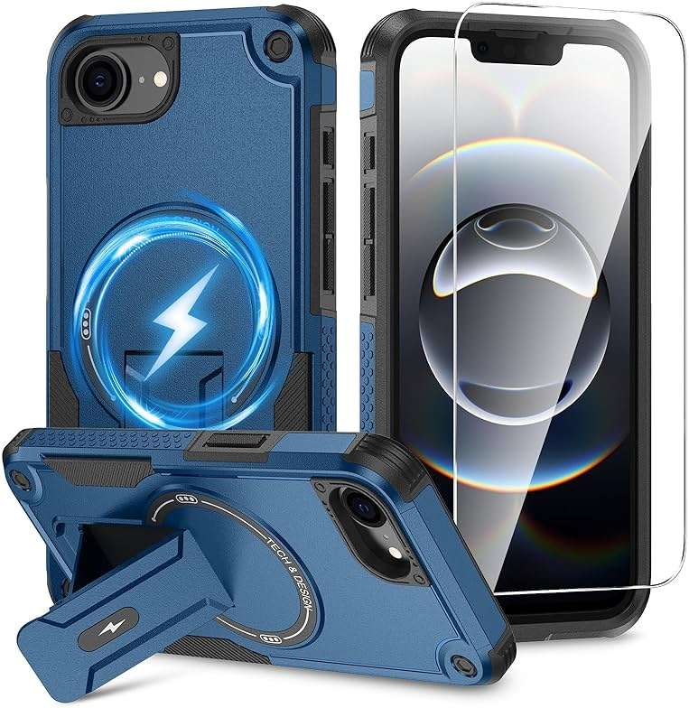 Caka for iPhone 16e & iPhone 17e Case, Compatible with MagSafe, Built-in Kickstand, Screen Protector Included, Dual Layer TPU+PC Shockproof Protective Phone Cover - Blue - Image 1