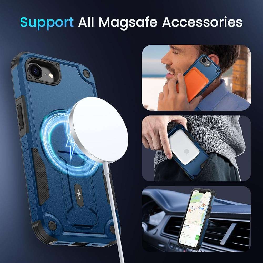 Caka for iPhone 16e & iPhone 17e Case, Compatible with MagSafe, Built-in Kickstand, Screen Protector Included, Dual Layer TPU+PC Shockproof Protective Phone Cover - Blue - Image 4