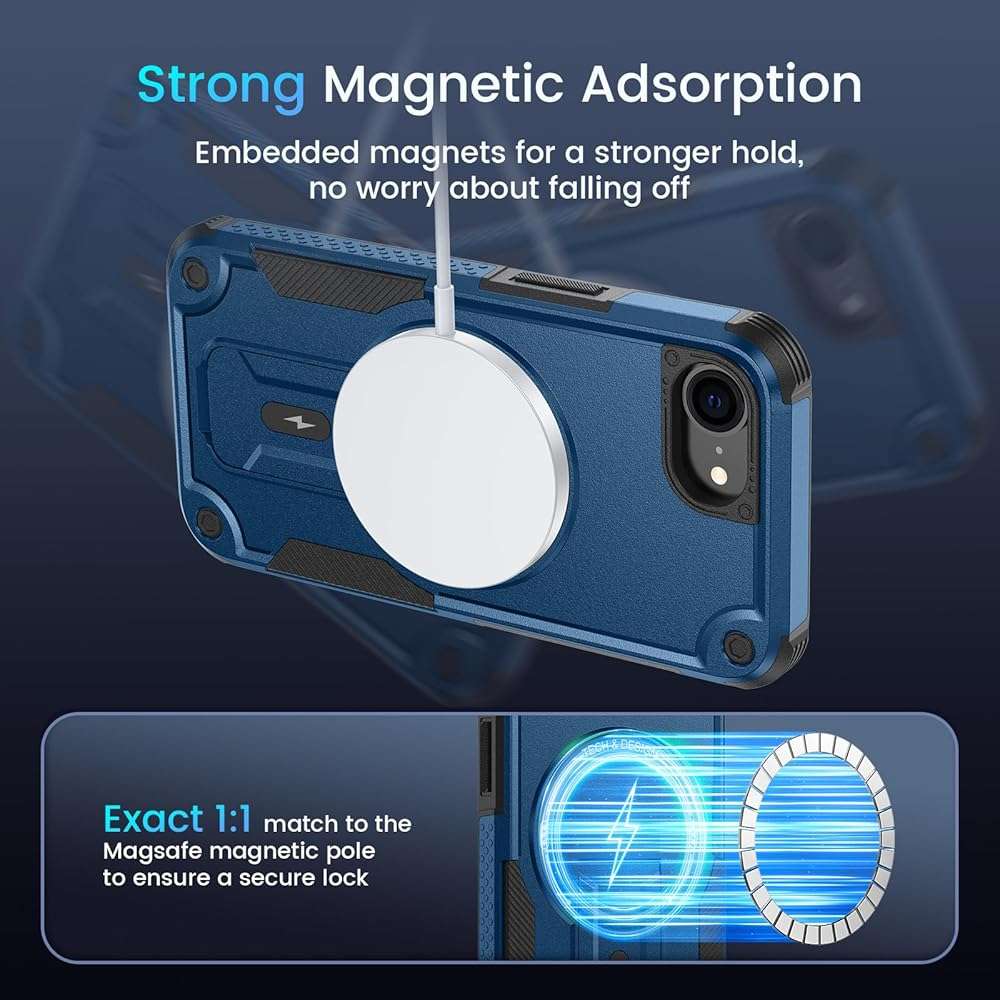 Caka for iPhone 16e & iPhone 17e Case, Compatible with MagSafe, Built-in Kickstand, Screen Protector Included, Dual Layer TPU+PC Shockproof Protective Phone Cover - Blue - Image 5