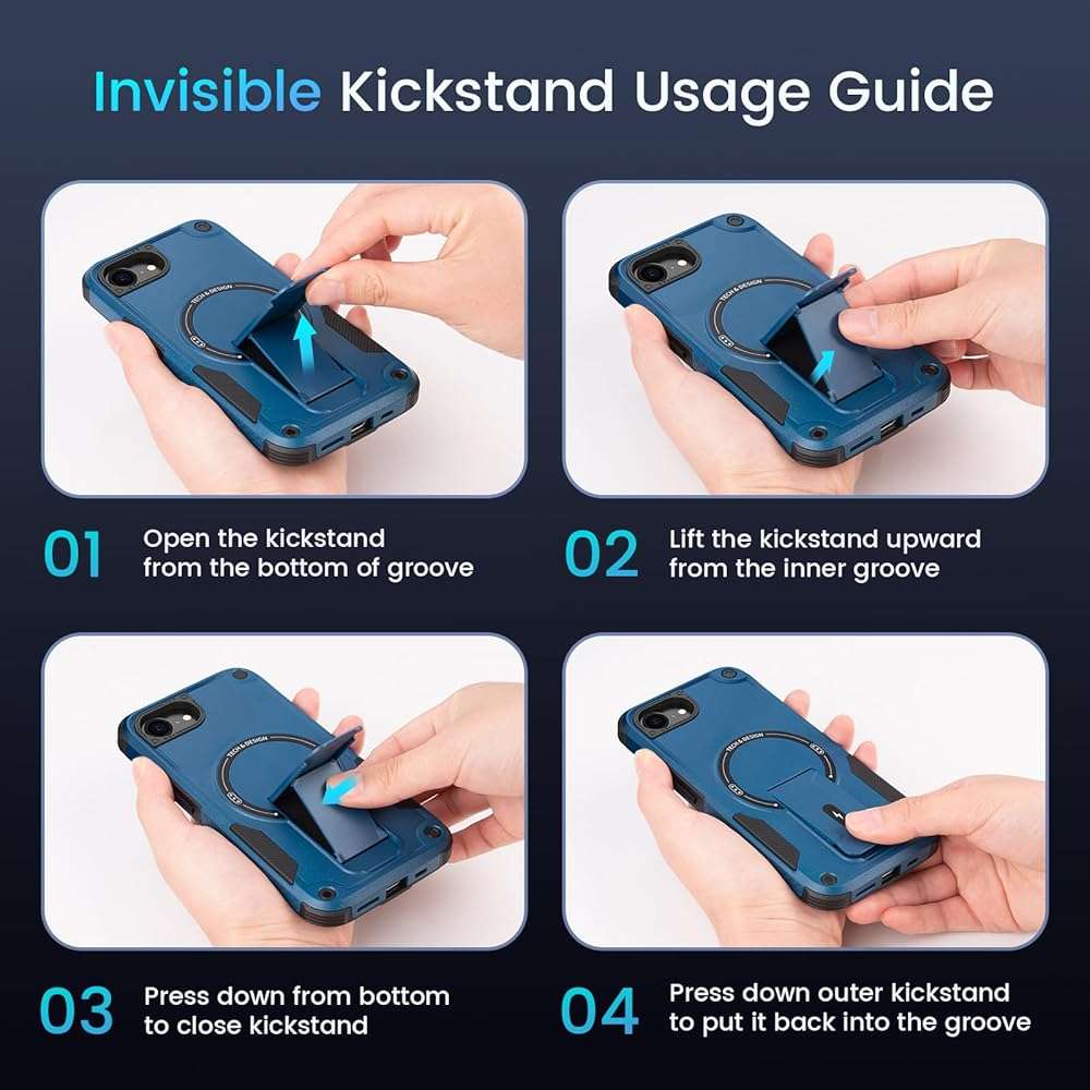 Caka for iPhone 16e & iPhone 17e Case, Compatible with MagSafe, Built-in Kickstand, Screen Protector Included, Dual Layer TPU+PC Shockproof Protective Phone Cover - Blue - Image 6