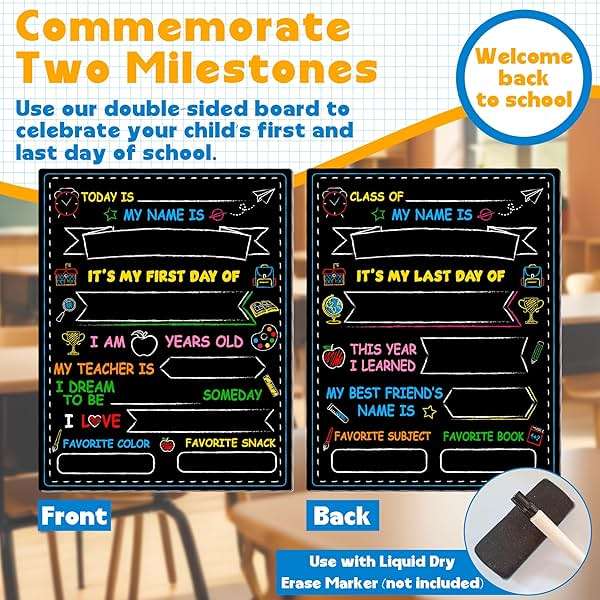 Melisheer First & Last Day of School Chalkboard, Personalized Paper Back to School Supplies, 14 X 11 in Erasable Double Sized First Day of School Board for Kids Son Daughter - Image 3