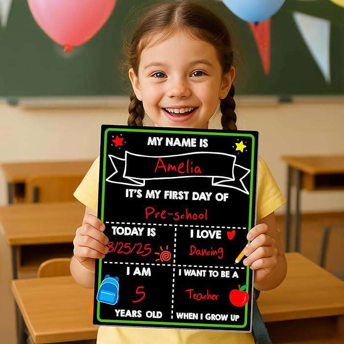 First Day of School Chalkboard, Reusable Back to School Sign, 14 x 11 in Beautiful Double Sized First Day of School Board, Paper Preschool Signs for Kids - Image 2