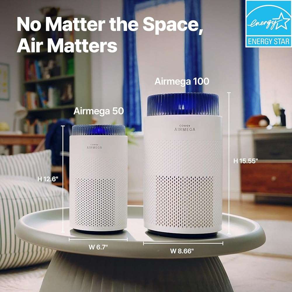 COWAY Air Purifier for Bedroom up to 500 ft², HEPA and Deodorization Filter for Smoke, Allergies, Pet Dander, AQI Monitor, Auto Mode, Filter Indicator, Night Light, 2yr Warranty, Airmega 50 White - Image 2