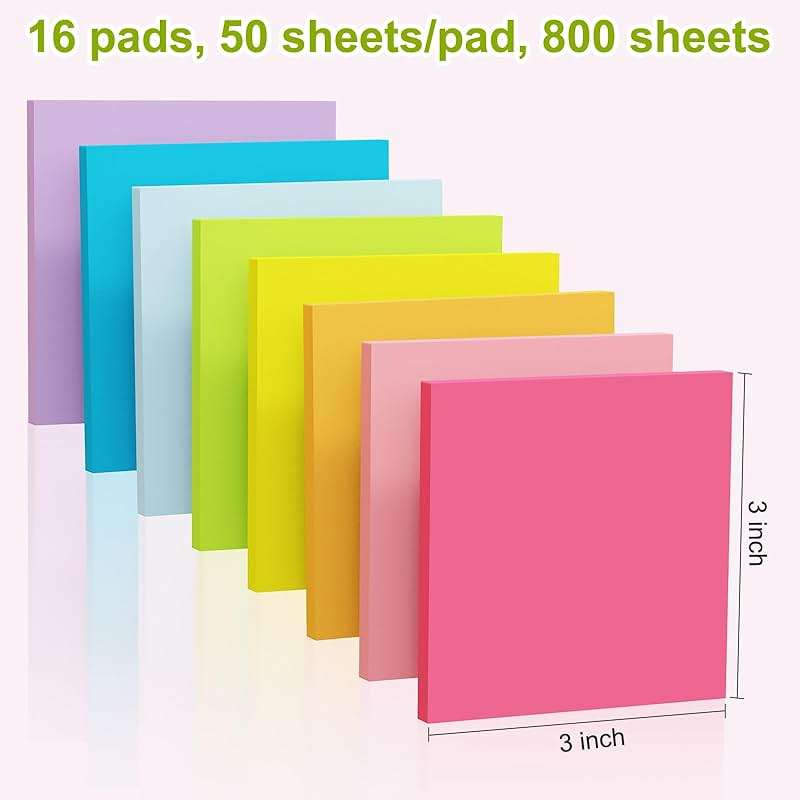 Sticky Notes 3x3 in,8 Bright Colors,16 Pack Colored Sticky Notes Pads, Self-Stick, Recyclable, and Reusable Sticky Notes - Easy to Post for Office, School, Home - Image 4