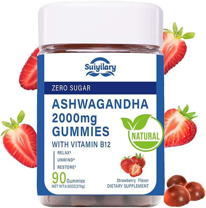 Suiyilary Ashwagandha Gummies 2000mg, Ashwagandha High Strength Root Extract Supplement with Vitamin B12 for Men Women, Strawberry Flavour 45 Days Supply 90 Gummies - Image 1