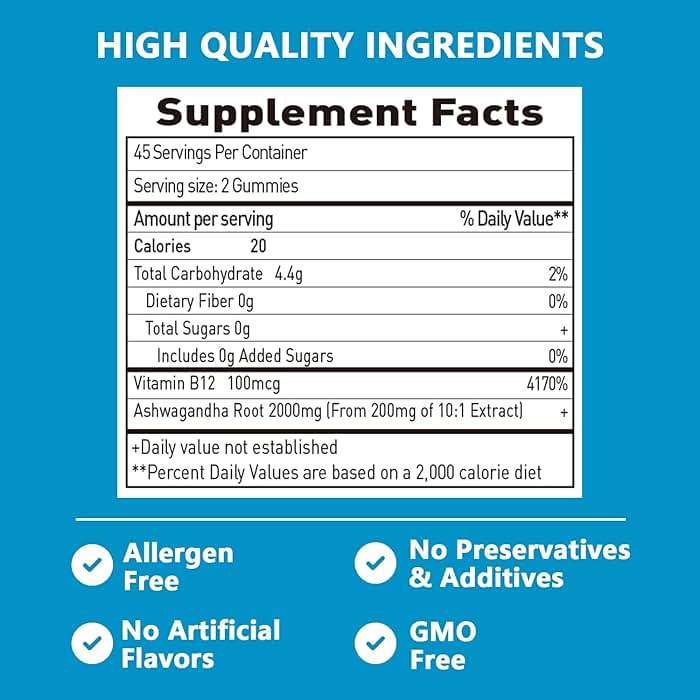Suiyilary Ashwagandha Gummies 2000mg, Ashwagandha High Strength Root Extract Supplement with Vitamin B12 for Men Women, Strawberry Flavour 45 Days Supply 90 Gummies - Image 2