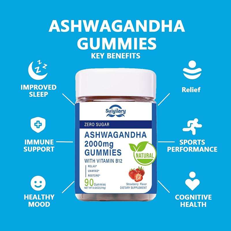 Suiyilary Ashwagandha Gummies 2000mg, Ashwagandha High Strength Root Extract Supplement with Vitamin B12 for Men Women, Strawberry Flavour 45 Days Supply 90 Gummies - Image 3