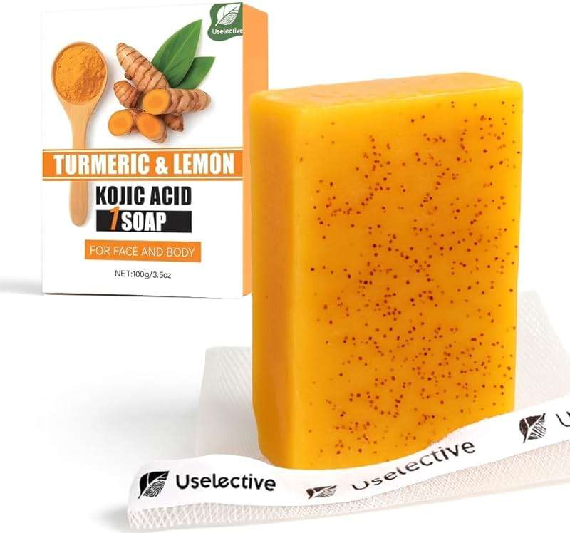 Uselective Lemon & Turmeric Soap Bar for Dark Spots, Powered by Kojic Acid & Vitamin C - Deeply Moisturizing with Amino Acids & Shea Butter - SLS Free for Face/Body - Image 1