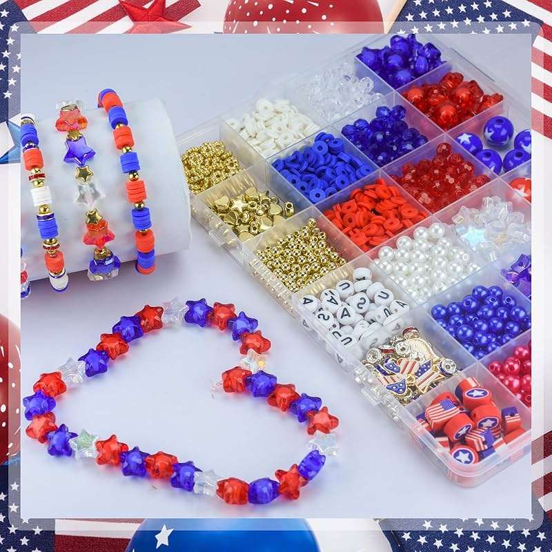 1608pcs 4th of July Patriotic Beads for Jewelry Making Independence Day Red White Blue Heishi Stars USA Letter Beads with America Flag Heart Hat Pendant Accessories for DIY (White Blue Red) - Image 2