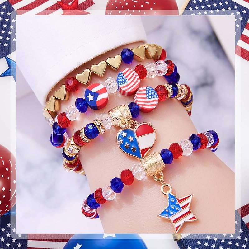 1608pcs 4th of July Patriotic Beads for Jewelry Making Independence Day Red White Blue Heishi Stars USA Letter Beads with America Flag Heart Hat Pendant Accessories for DIY (White Blue Red) - Image 4