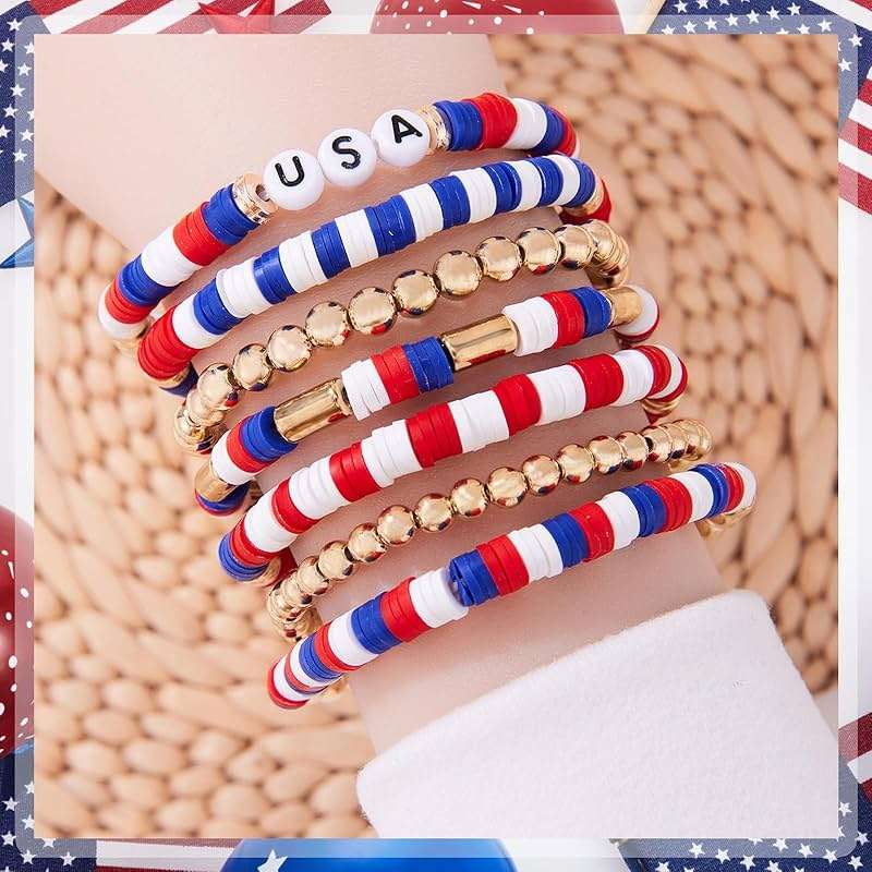1608pcs 4th of July Patriotic Beads for Jewelry Making Independence Day Red White Blue Heishi Stars USA Letter Beads with America Flag Heart Hat Pendant Accessories for DIY (White Blue Red) - Image 5