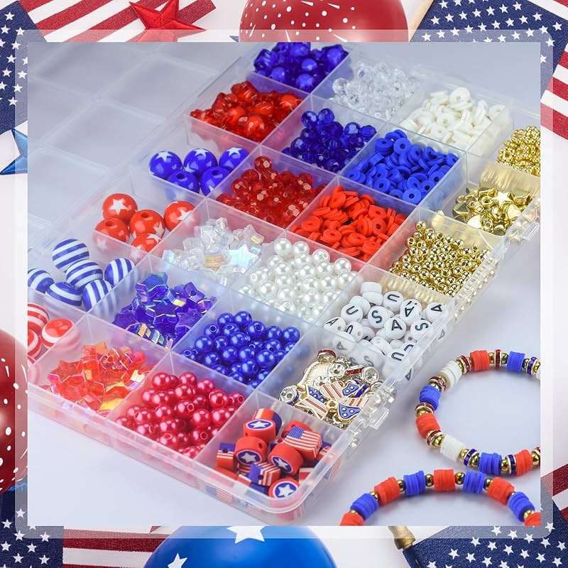 1608pcs 4th of July Patriotic Beads for Jewelry Making Independence Day Red White Blue Heishi Stars USA Letter Beads with America Flag Heart Hat Pendant Accessories for DIY (White Blue Red) - Image 6