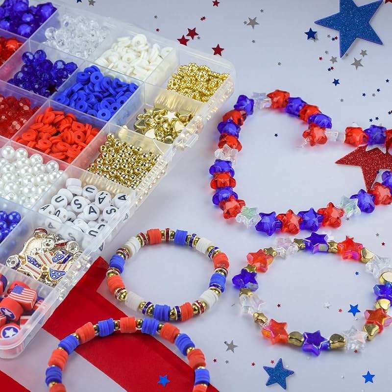1608pcs 4th of July Patriotic Beads for Jewelry Making Independence Day Red White Blue Heishi Stars USA Letter Beads with America Flag Heart Hat Pendant Accessories for DIY (White Blue Red) - Image 7